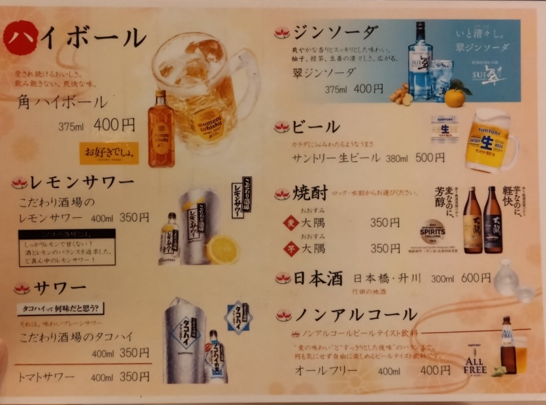 アルコールメニュー