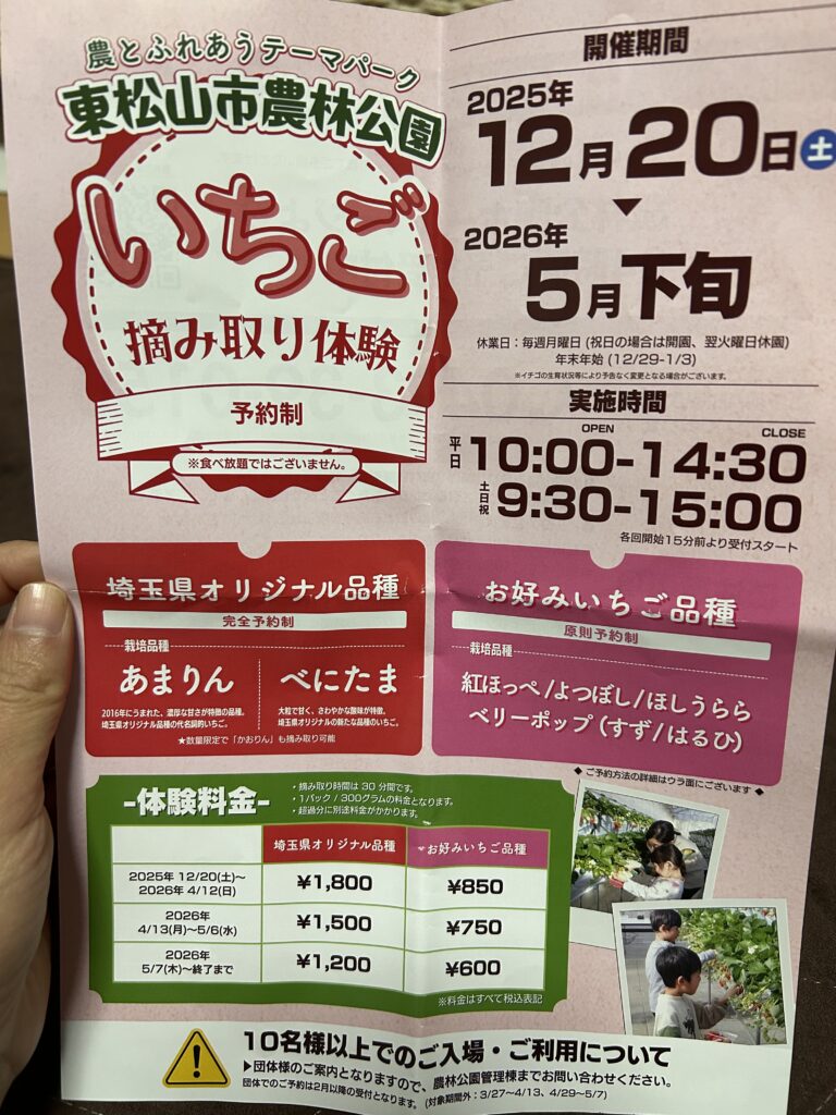 農林公園のイチゴ摘み取りのチラシ