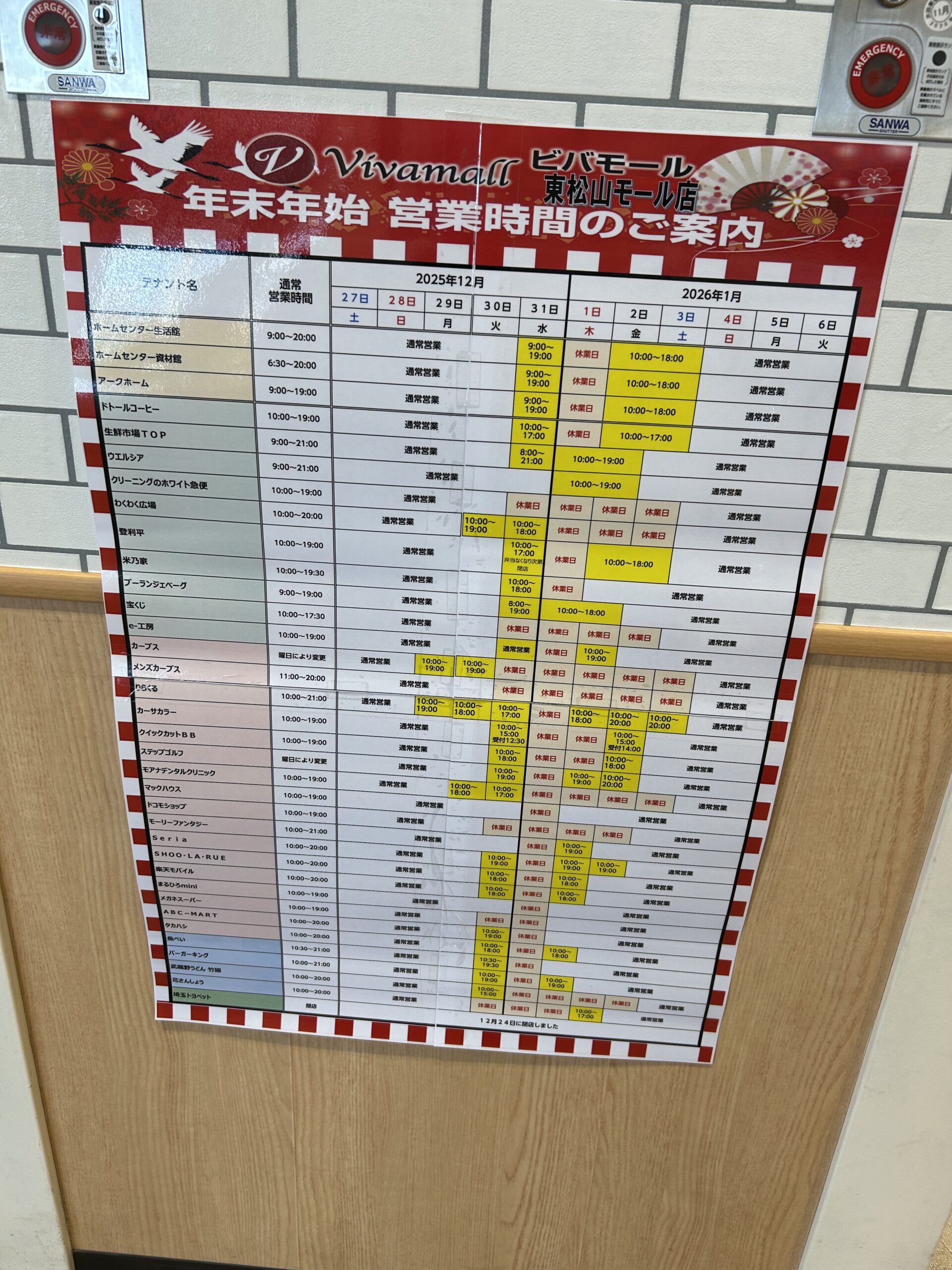 スーパービバホーム東松山モール店の年末年始情報